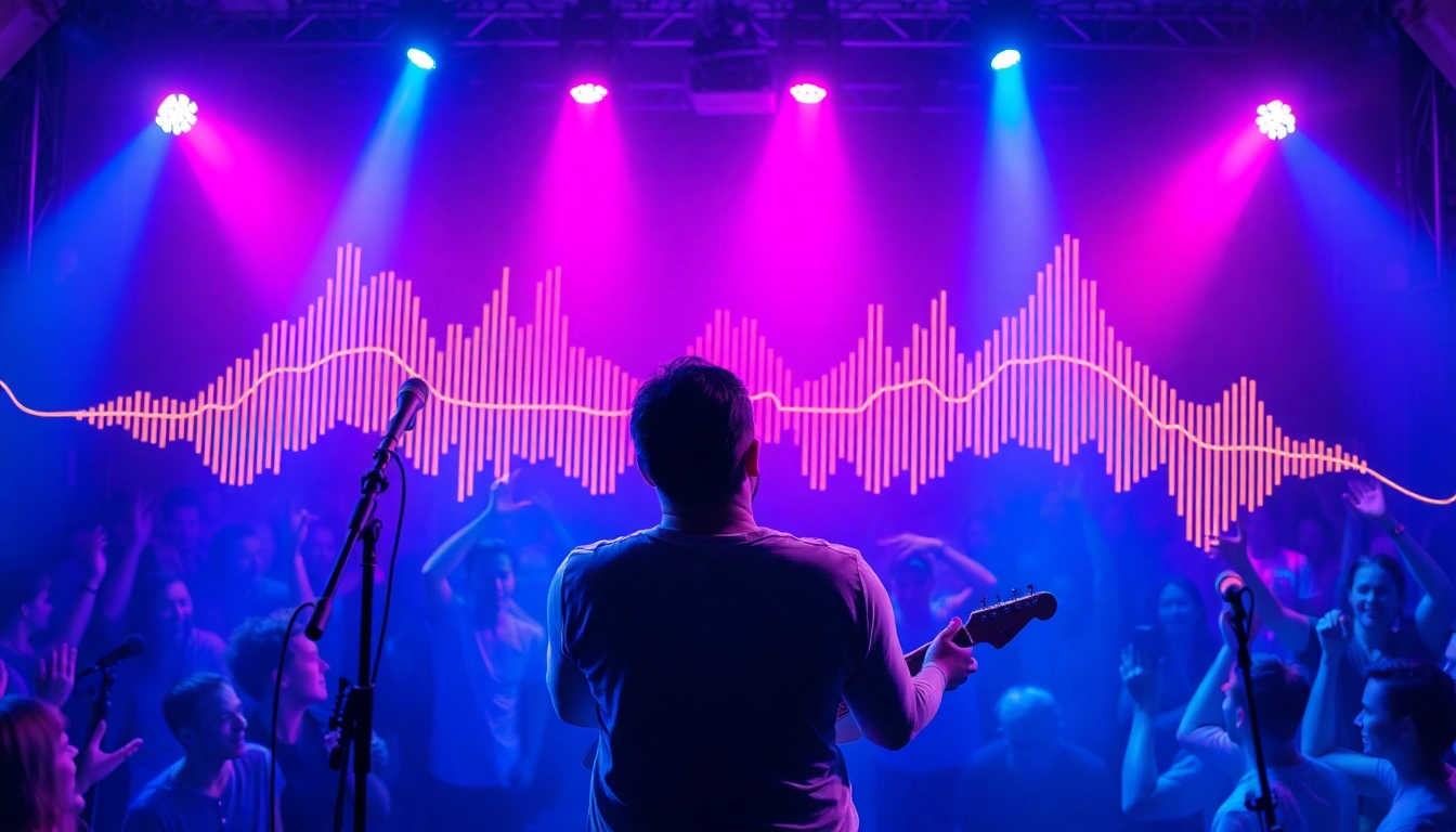 Engaging musician showcasing music promotion services in a vibrant concert atmosphere.