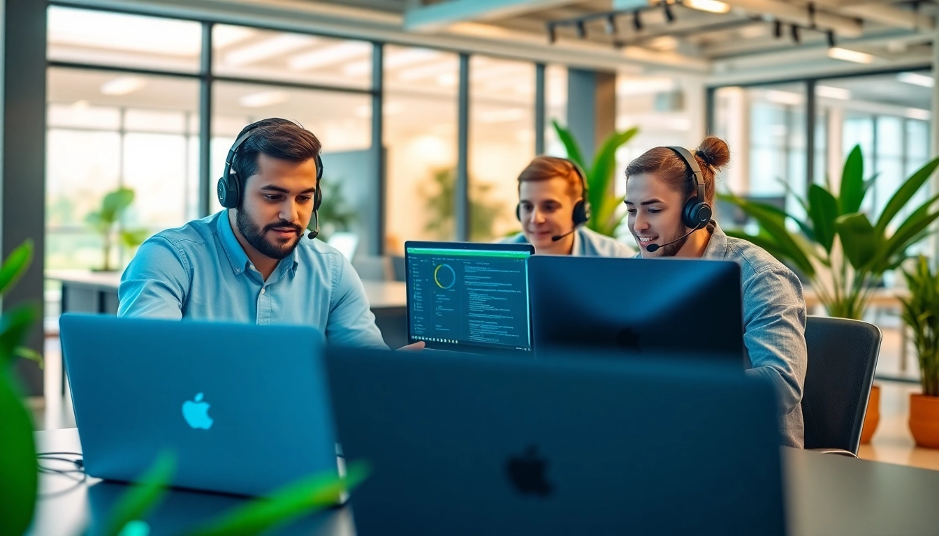 IT support service team actively collaborating on tech solutions in a modern office.