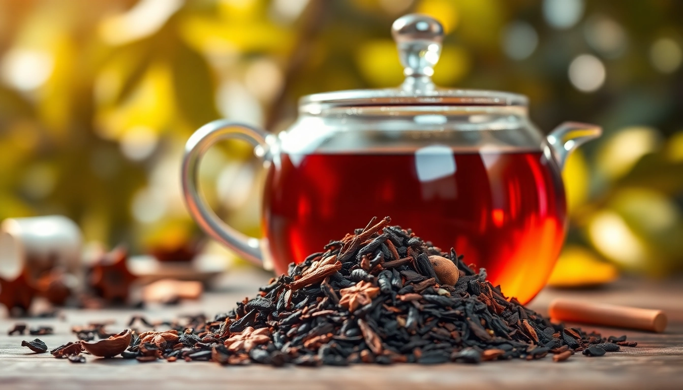 Pouring loose leaf black tea into a cup, showcasing its rich color and aroma.