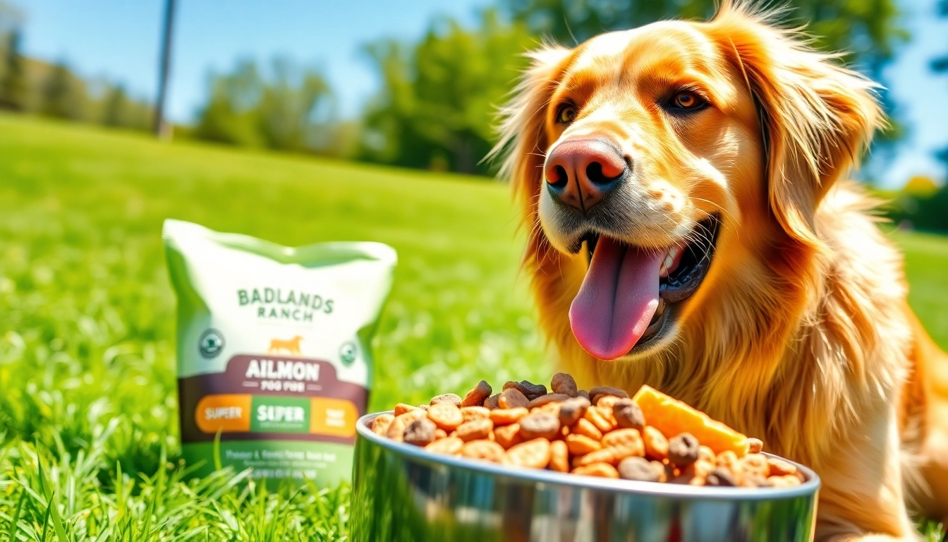 Dog enjoying Badlands Ranch dog food in Canada, showcasing natural ingredients and a joyful atmosphere.