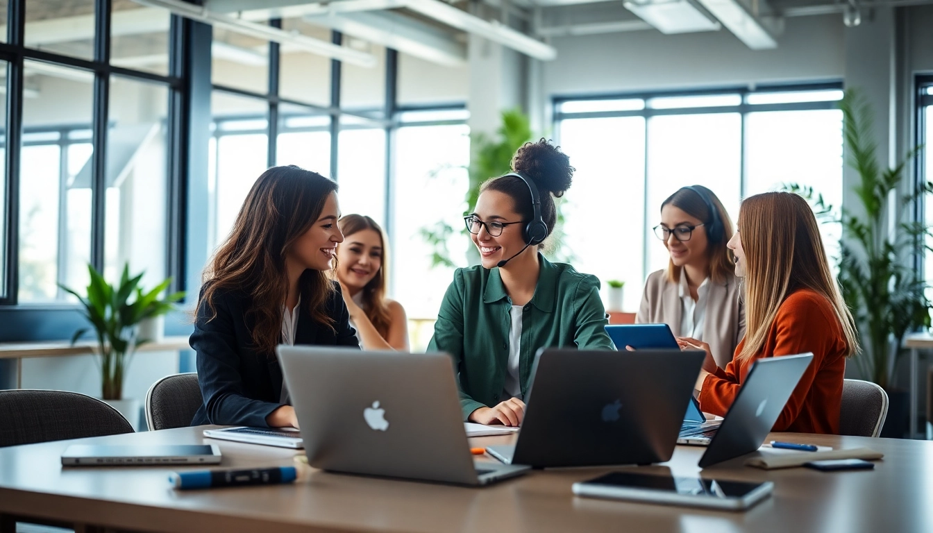 Empowered customer service outscoring team collaborating in a modern workspace.
