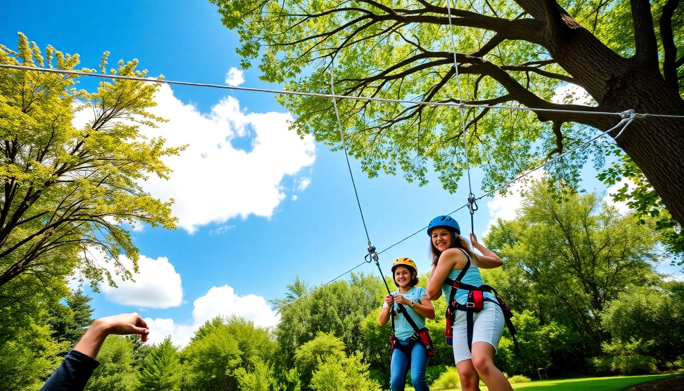 Excited participants preparing to ride a ZIP WIRE KIT set up in a vibrant backyard.
