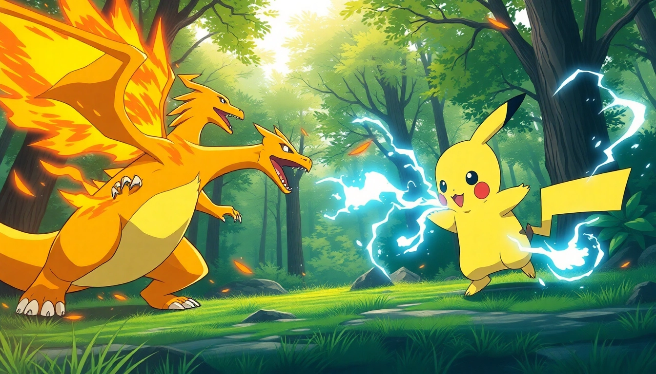 Exciting Pokemon battle with Charizard and Pikachu showcasing action and dynamic poses.