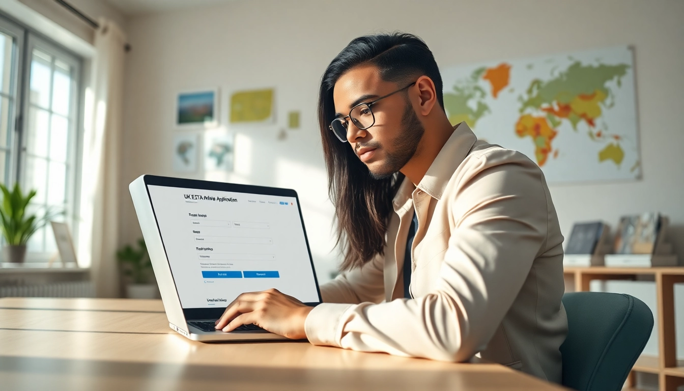 Applicant using the uk eta online application on a laptop in a bright home office.