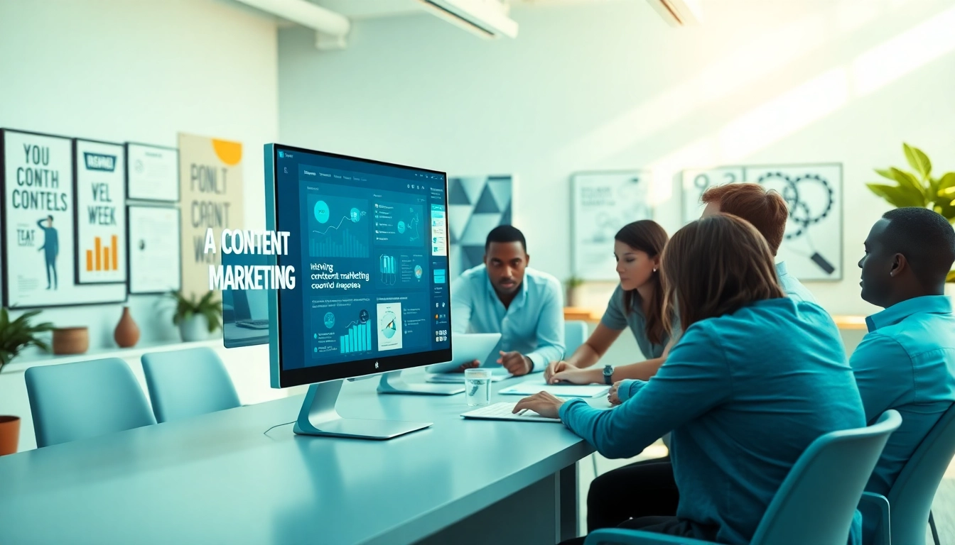 Team collaborating with an AI content marketing platform to enhance digital strategies.