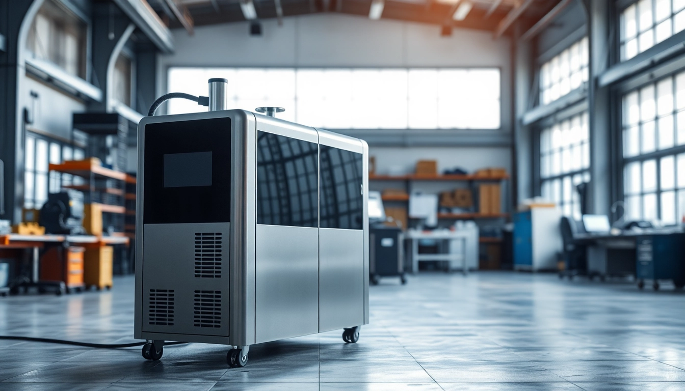 Laser cleaning machine operating in a modern industrial environment with advanced features.