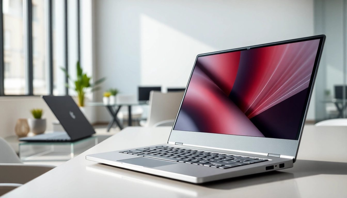 Highlighting Lenovo laptop in a modern office setup, showcasing innovative design and technology.