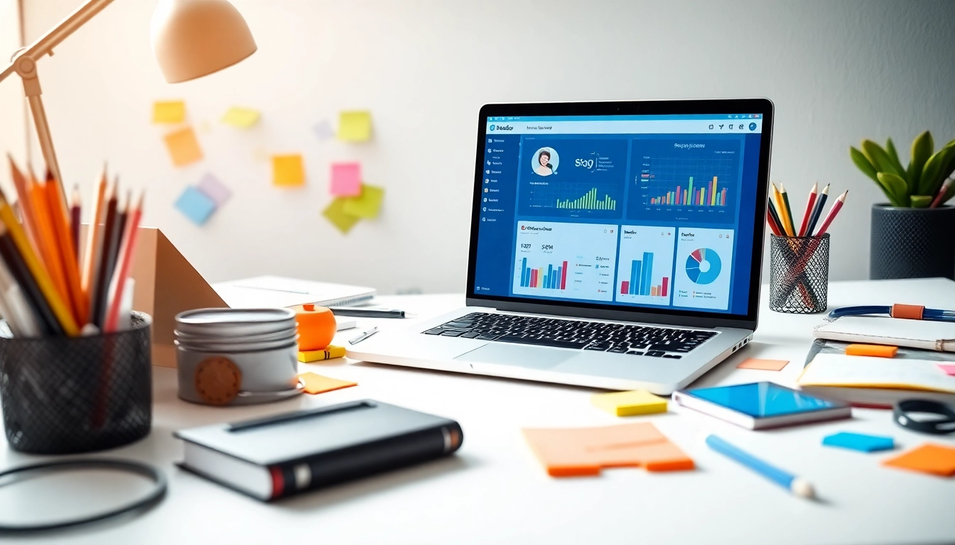 Illustrative workspace showing Social media and blog automation tools in action with colorful charts.