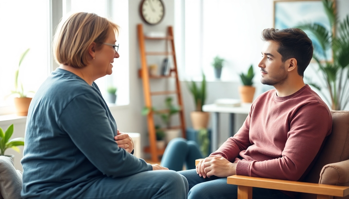 A therapist assisting a client in dealing with stress in a calming office environment.
