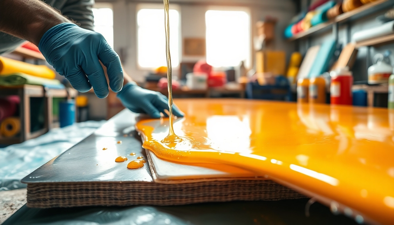 Laminating resin applied carefully to fiberglass in a vibrant workshop setting.