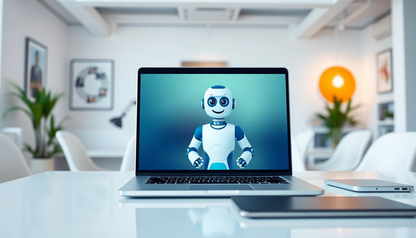 Engaging chatbot for website interface displayed on a laptop in a modern office.