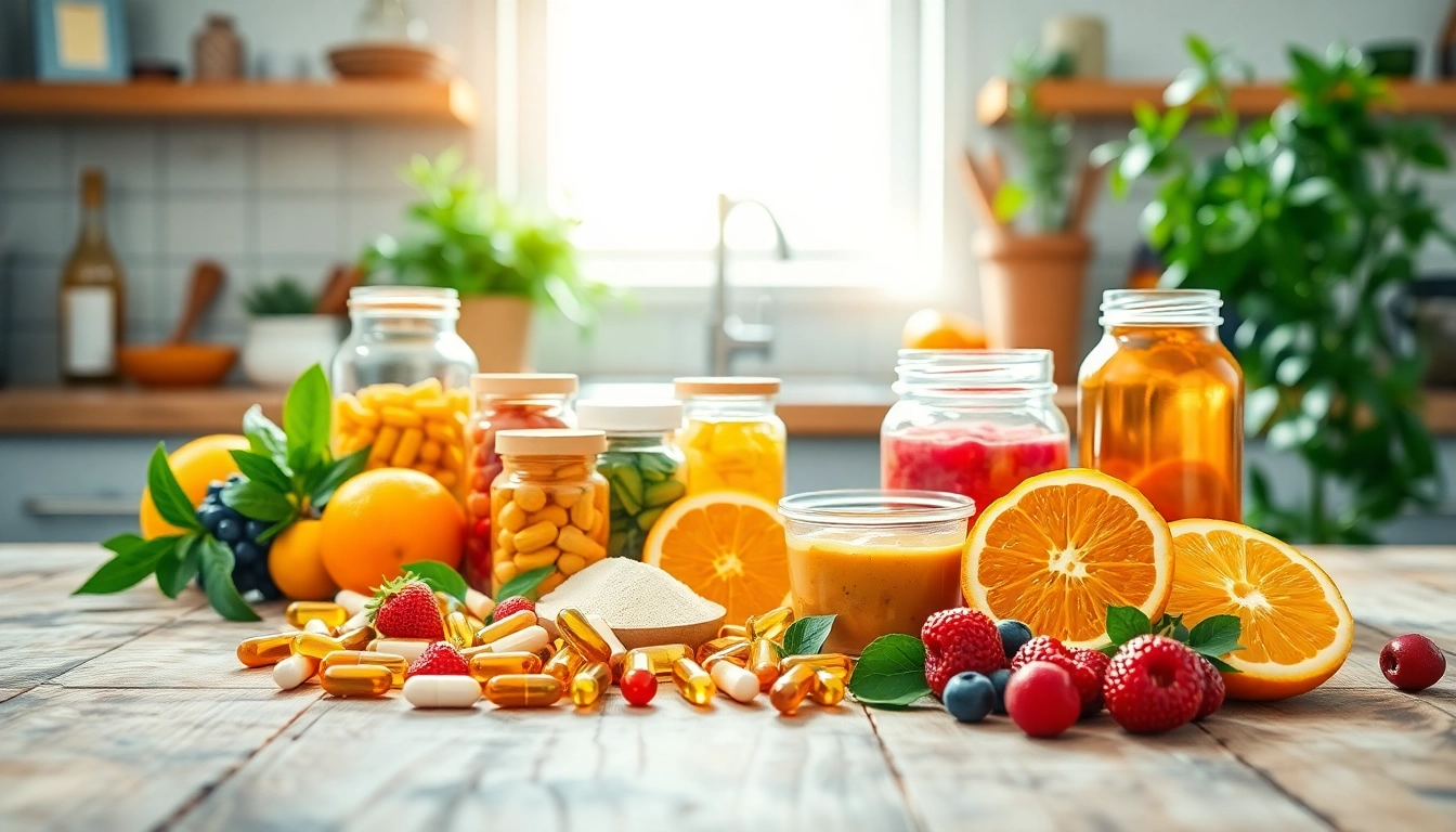 Showcase of vitamin boosters including capsules and fresh fruits promoting health and wellness.