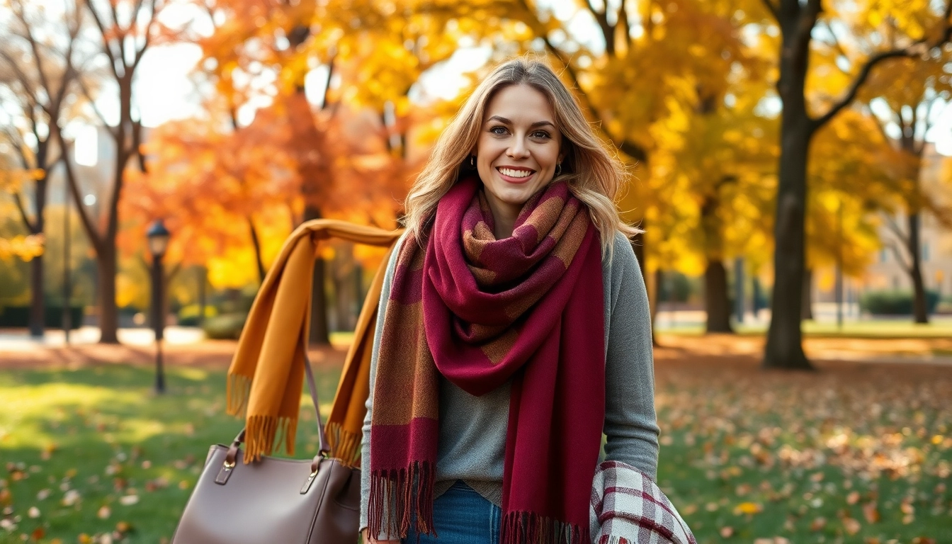 Fashionable woman showcasing various scarves for women in a vibrant outdoor setting amidst autumn leaves.