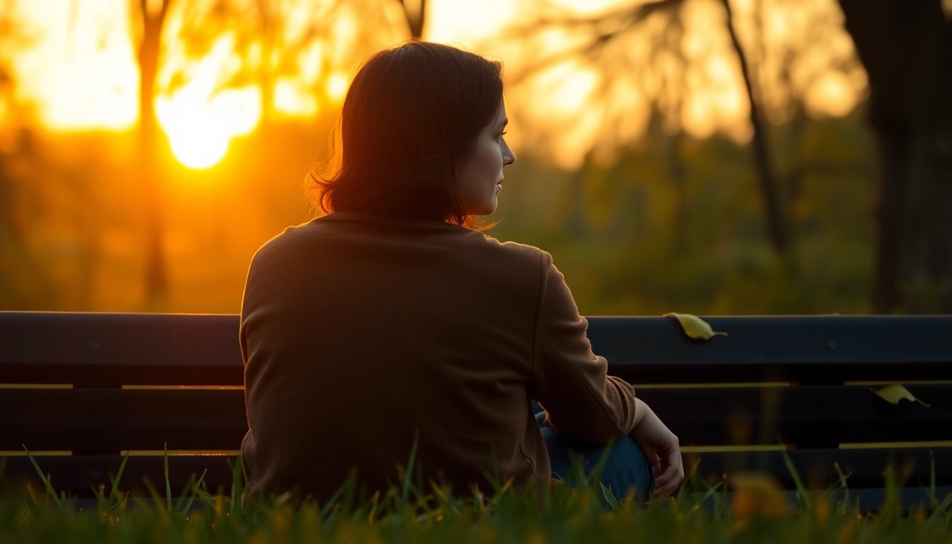 Person reflecting on dealing with grief during a tranquil sunset in a peaceful park.