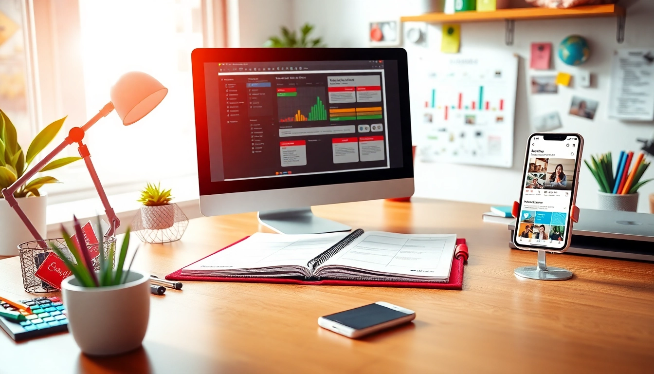 Enhance productivity with Social media and blog automation tools in a vibrant workspace setup.