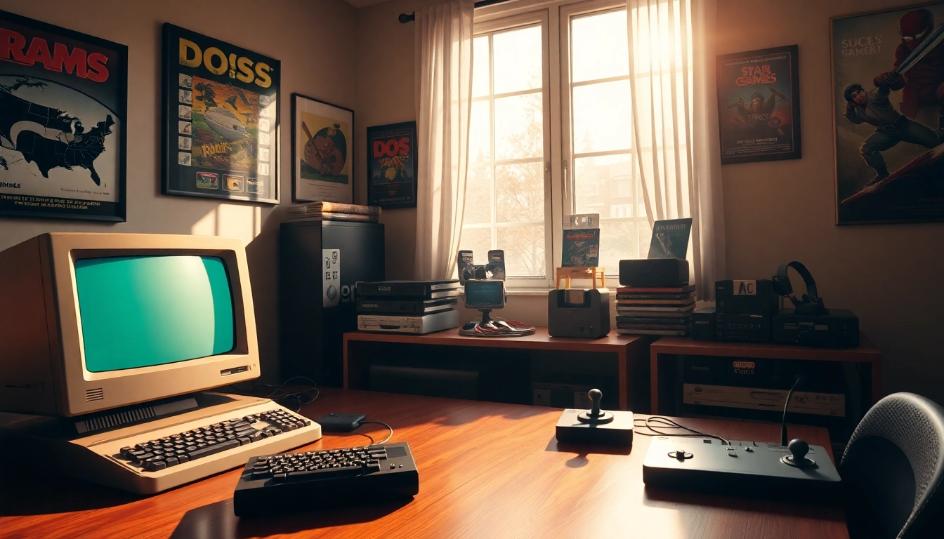 Engage with nostalgic dos games download in a vintage gaming setup, showcasing floppy disks and classic joystick.