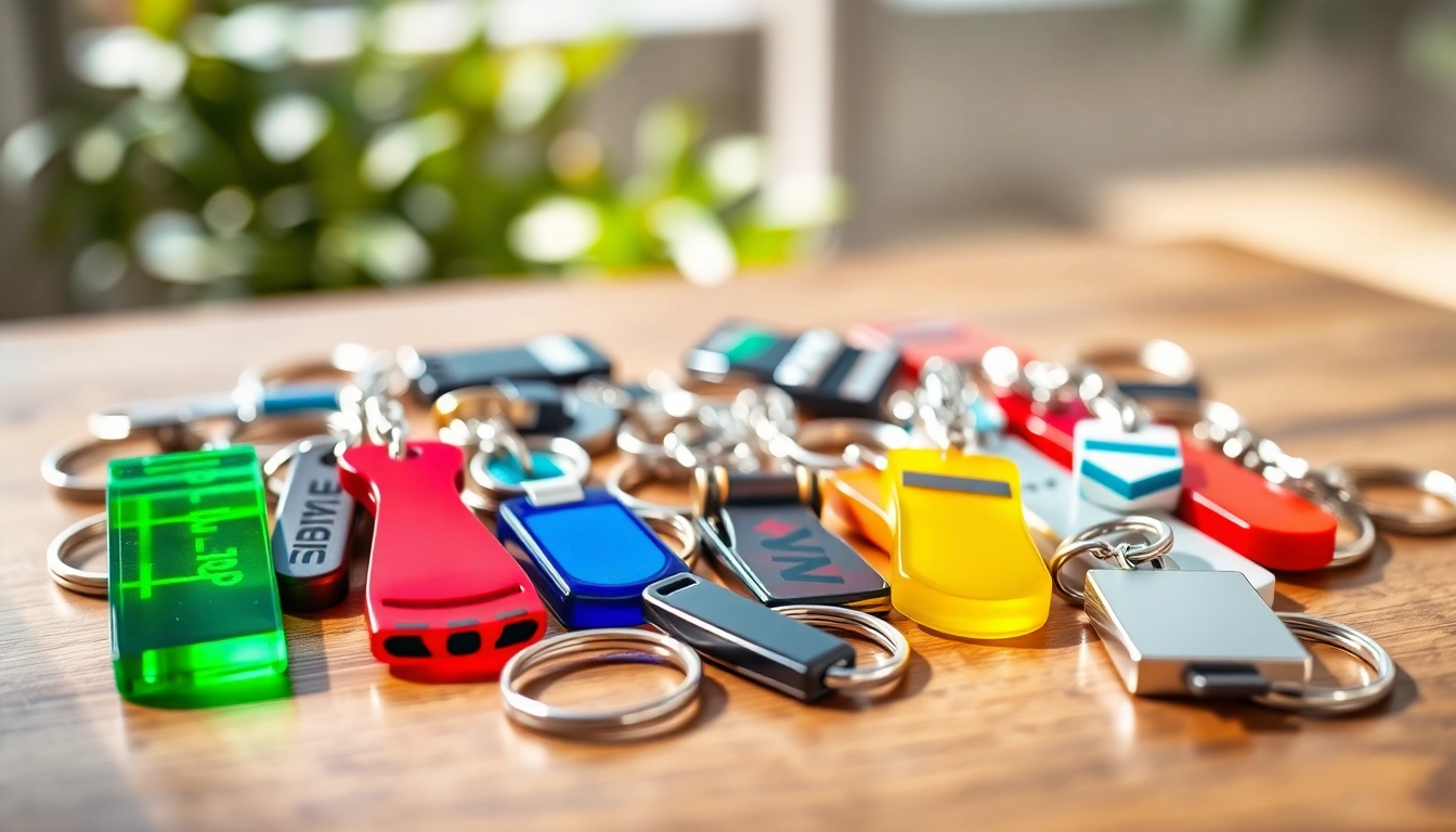 Create your perfect keychain custom designs with a diverse selection showcased on a table.