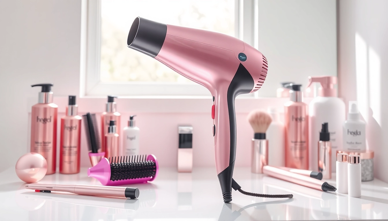 Styler hair dryer displayed elegantly on a vanity with hair care products.