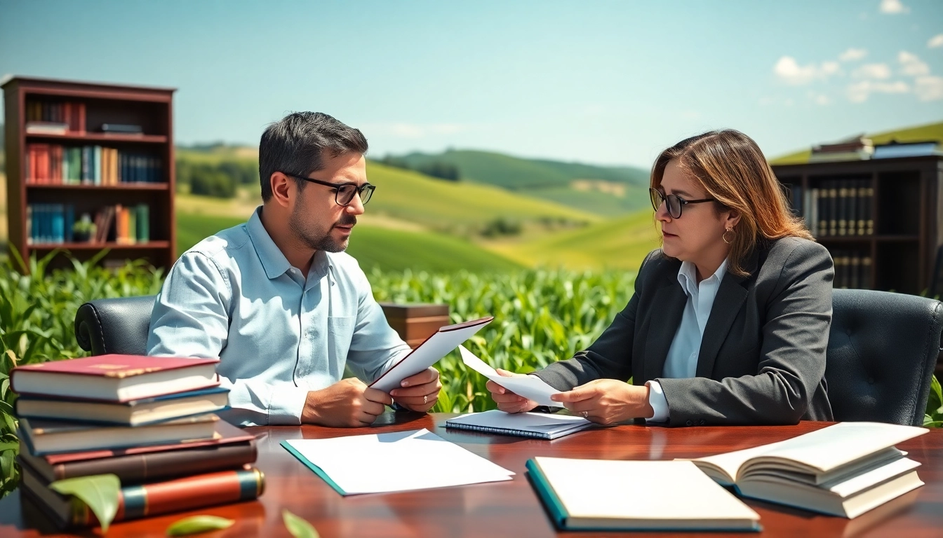 Dynamic agriculture lawyer consulting a client in a scenic field.
