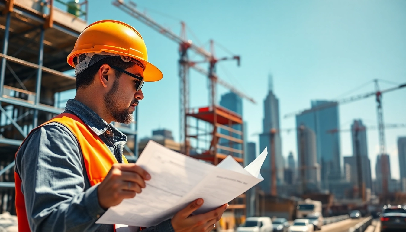 New Jersey Commercial General Contractor inspecting blueprints at a bustling construction site.