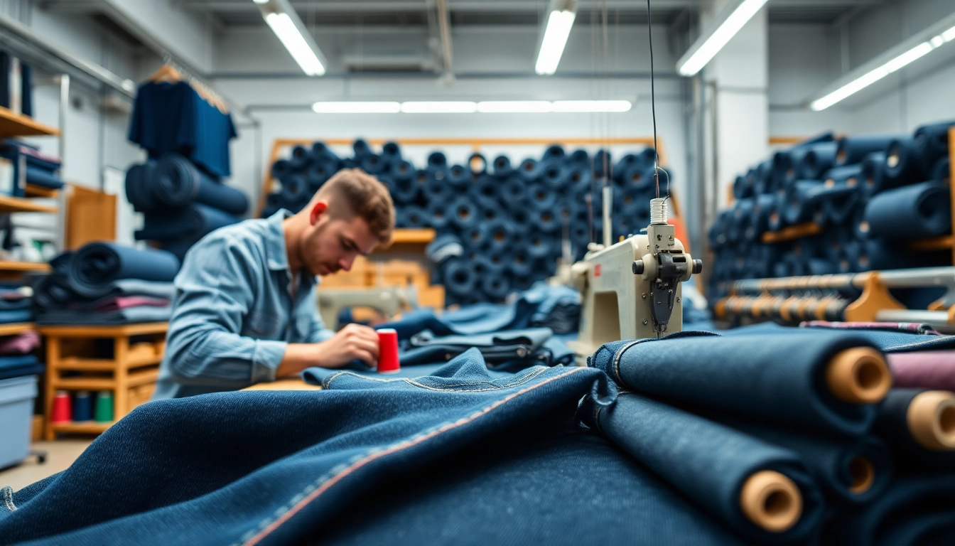 Crafting high-quality wholesale jeans manufacturers with artisans in a modern workshop setting.