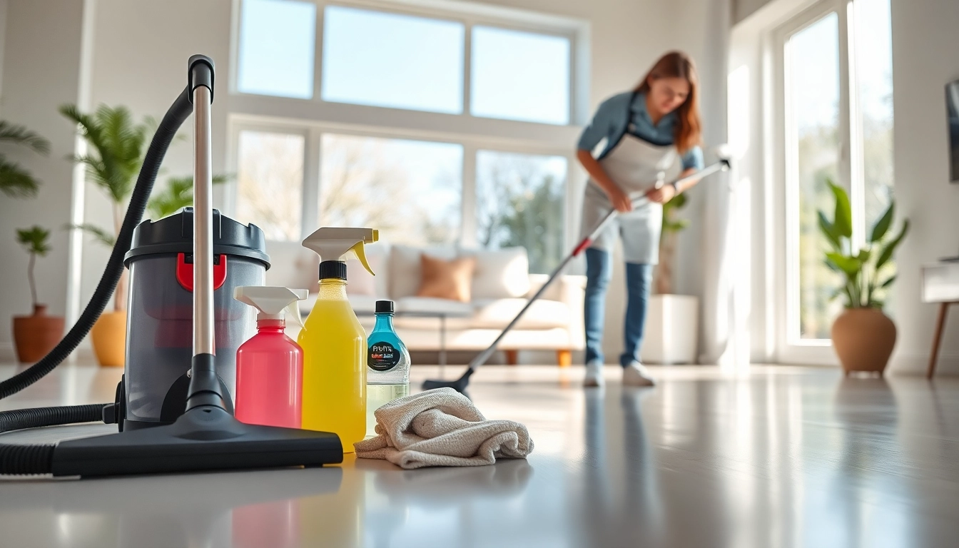 Efficient bond cleaning Logan in a bright living room showcases professional cleaning supplies.