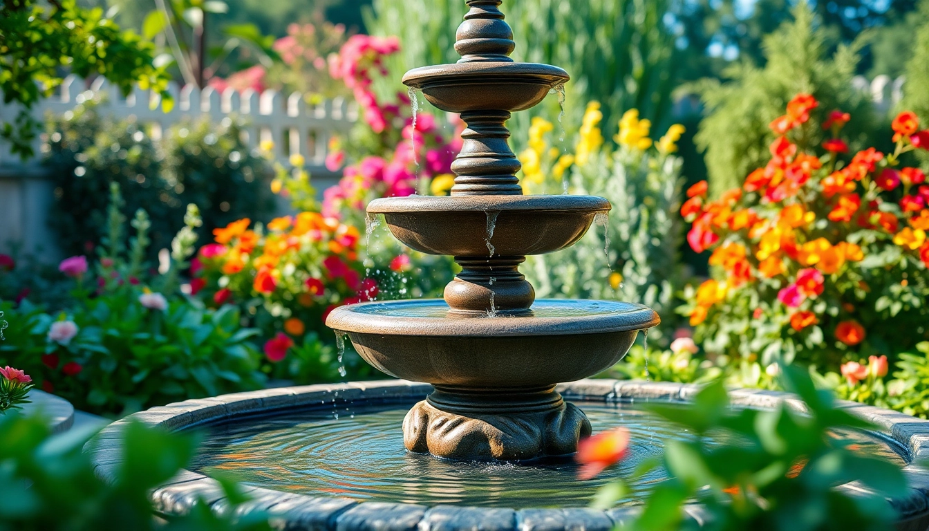 Décorer une fontaine avec un design apaisant dans un jardin luxuriant