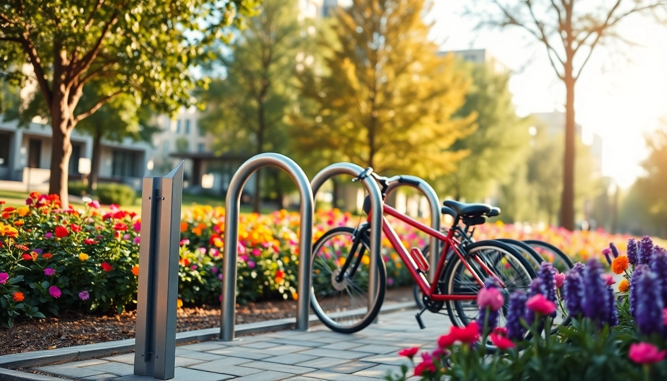 Showcase a Designer bike rack in a vibrant urban park with bicycles parked for easy access.