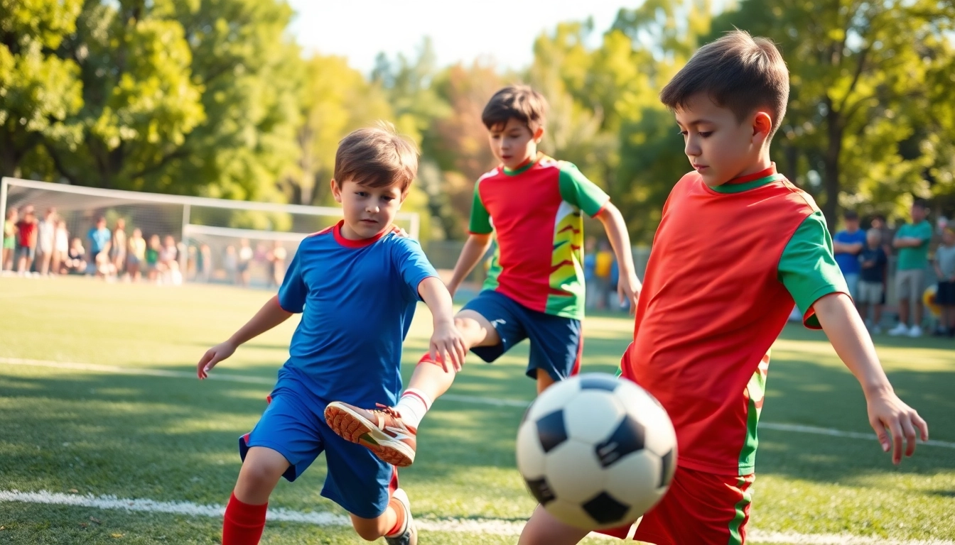 Kids Football Kits bring joy as children play soccer, showcasing vibrant team colors on the field.