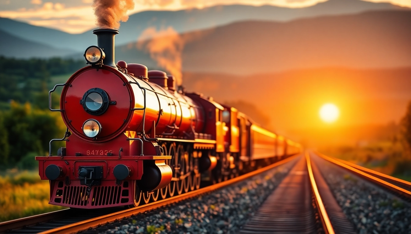 A captivating view of a vintage steam locomotive symbolizing the railroad tycoon download game with vibrant colors.