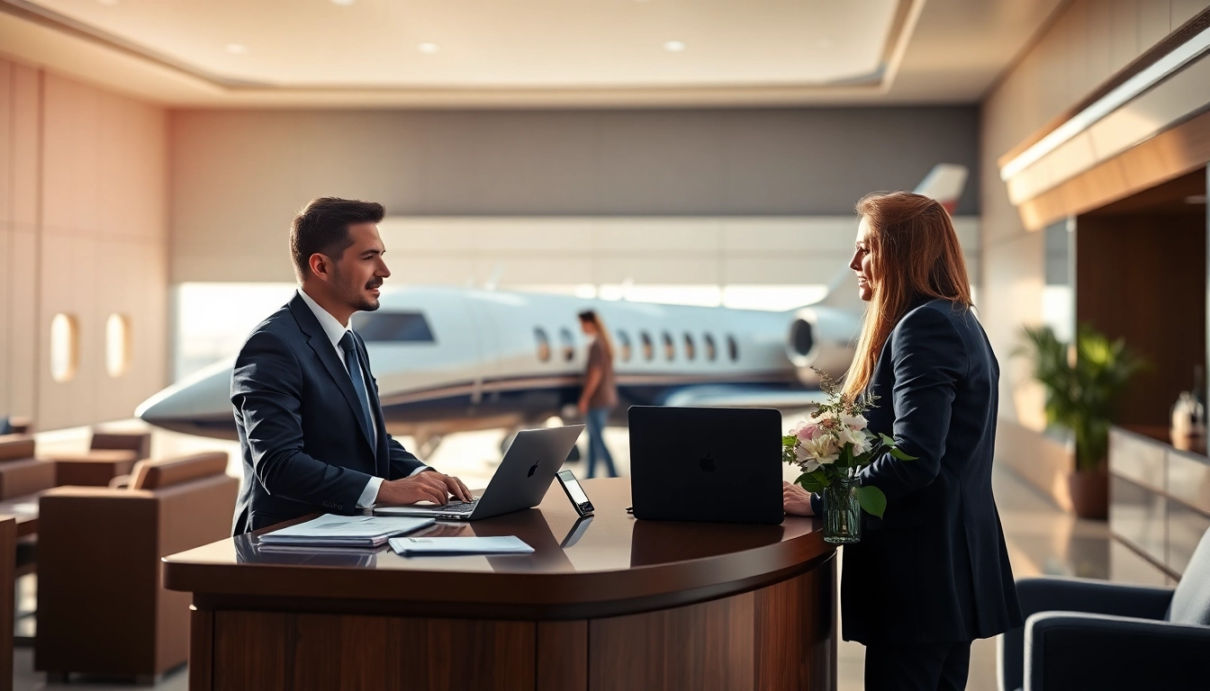 Private aviation concierge providing exceptional service in a luxurious airport setting.