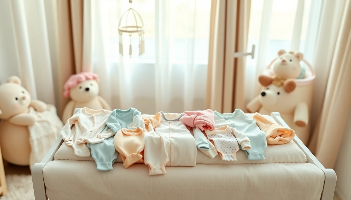 Showcasing stylish baby clothes neatly arranged on a changing table in a cozy nursery.