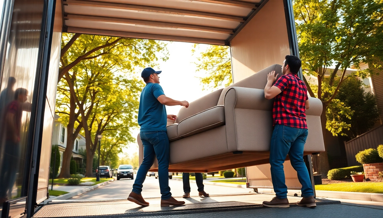Local Toronto movers carefully loading a sofa into a truck in a sunny residential area.