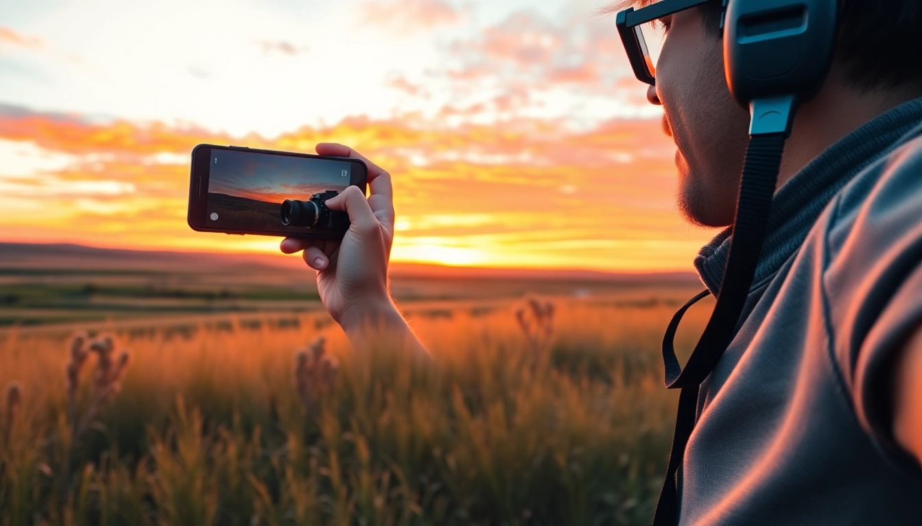 Photographer joyfully capturing a scenic sunset with a Selfie Stick during an outdoor adventure