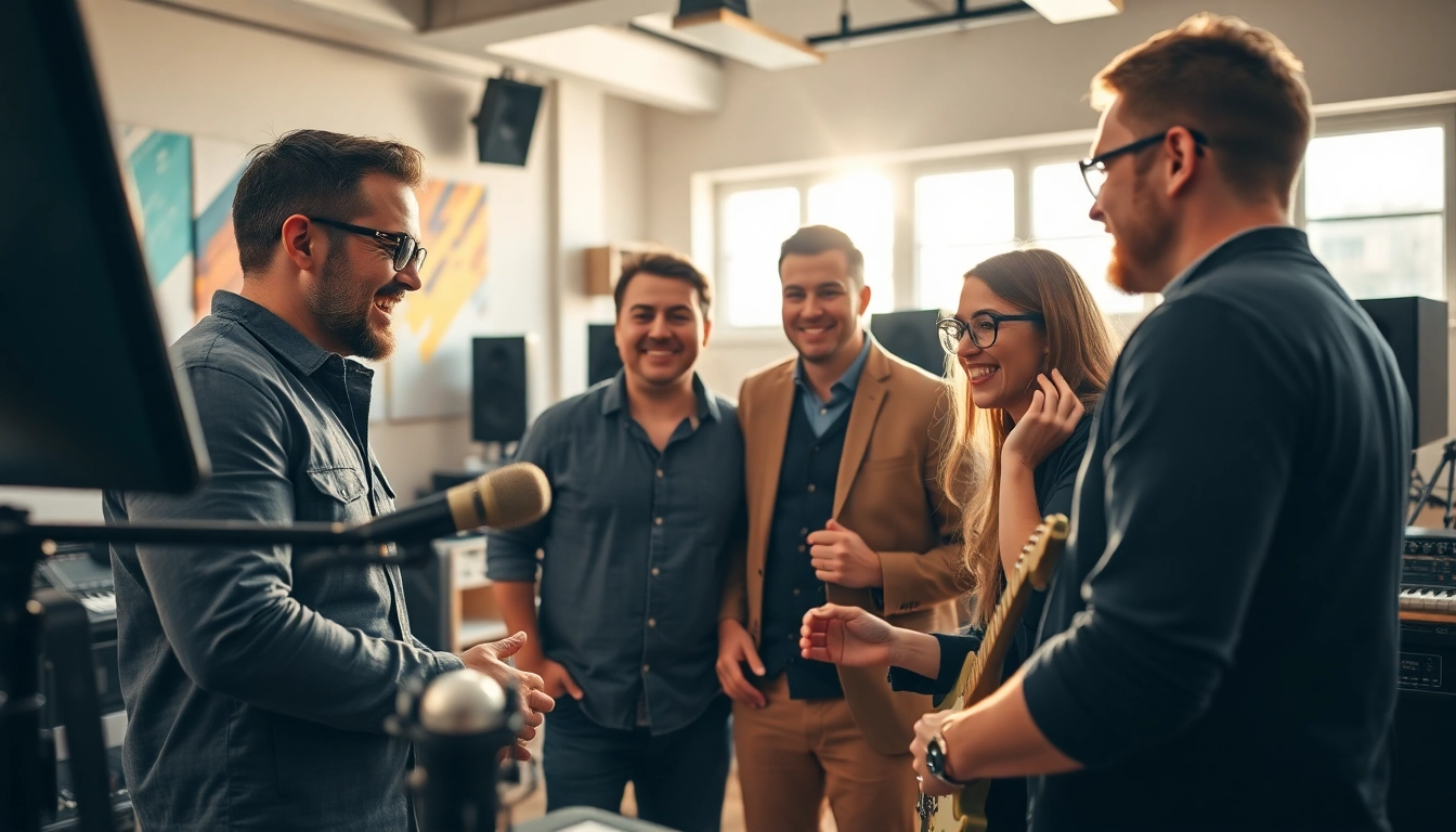 Engaging scene of a Music PR Firm collaborating with a musician in a professional studio setting.