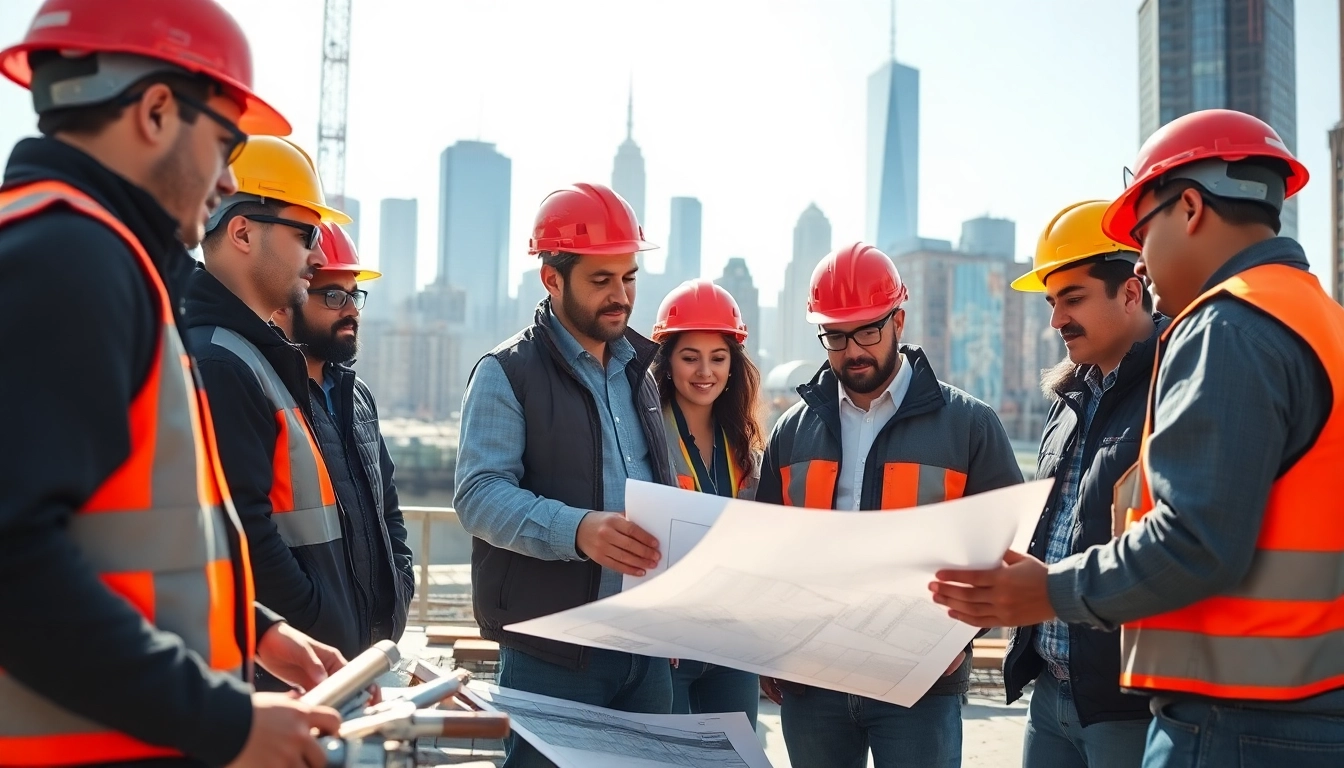 Team of New York City Commercial General Contractors collaborating on construction plans in an urban setting.