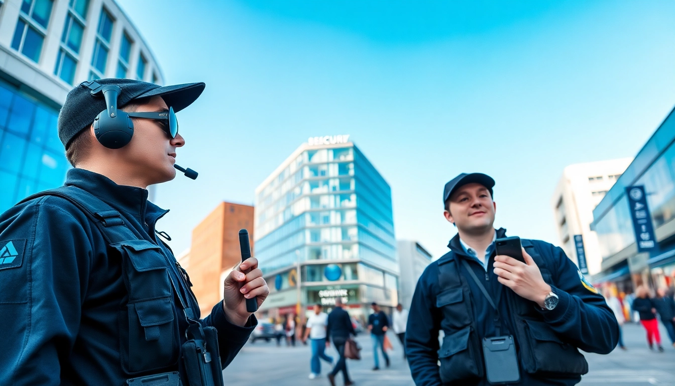Security Company West Bromwich showcasing a professional security team in action amid a vibrant city backdrop.