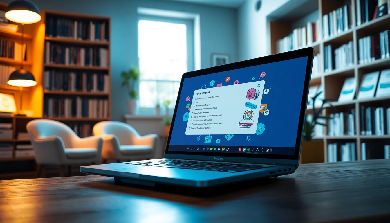 KlingAI Prompts illustrated in a bright digital learning environment with a laptop display.