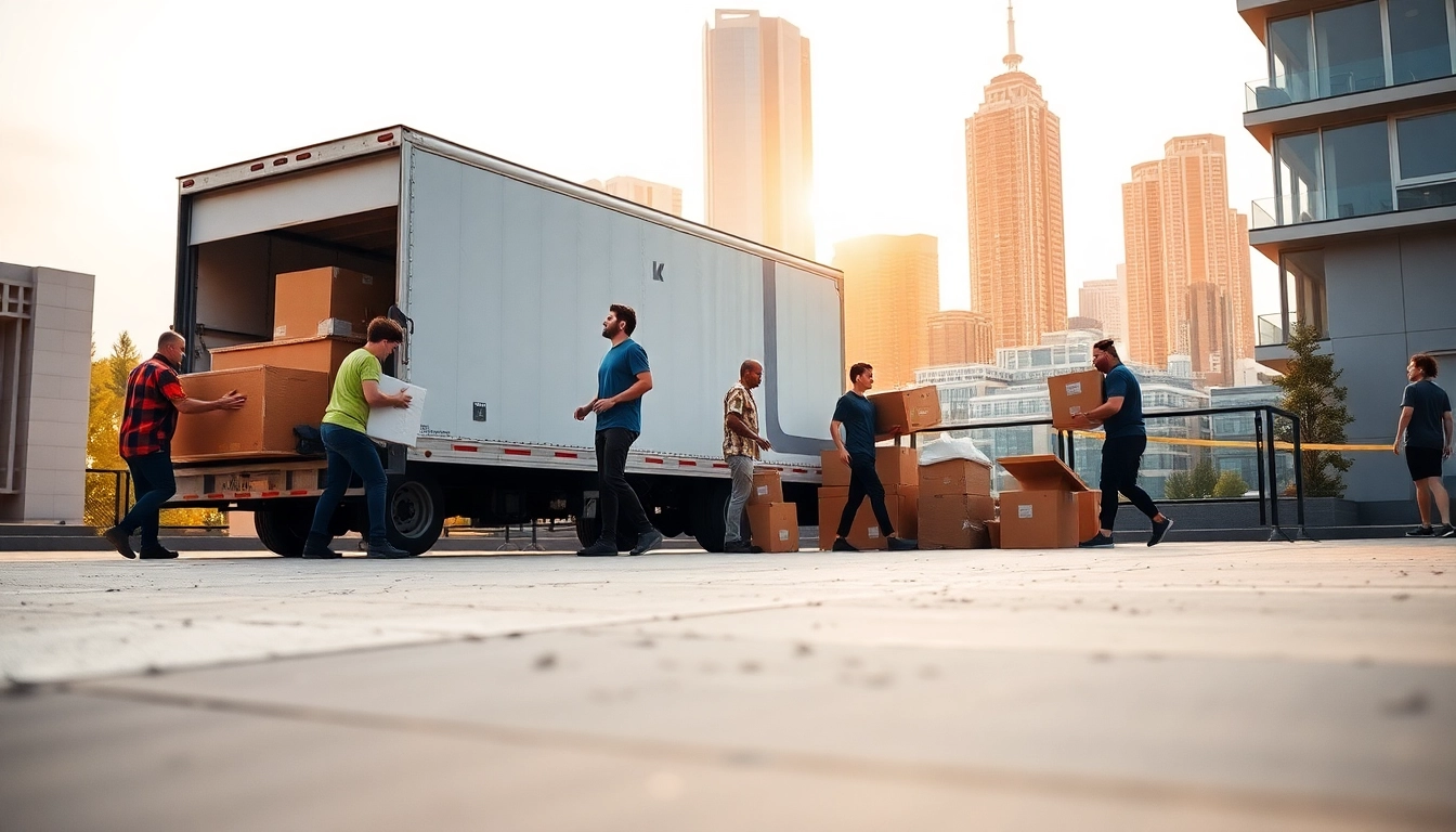 Movers from a professional moving company Toronto handling furniture in a busy residential setting.