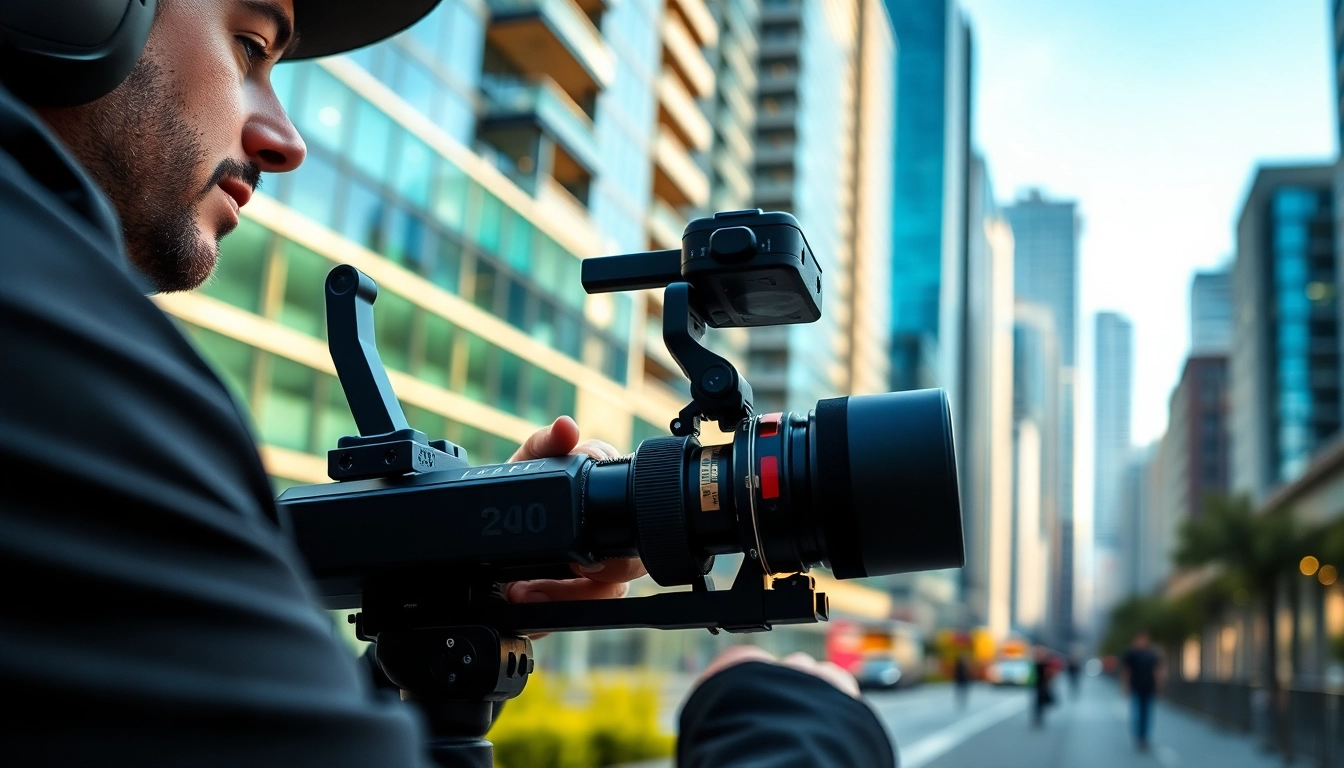 Capture smooth footage with a gimbal stabilizer​ in a vibrant urban setting.