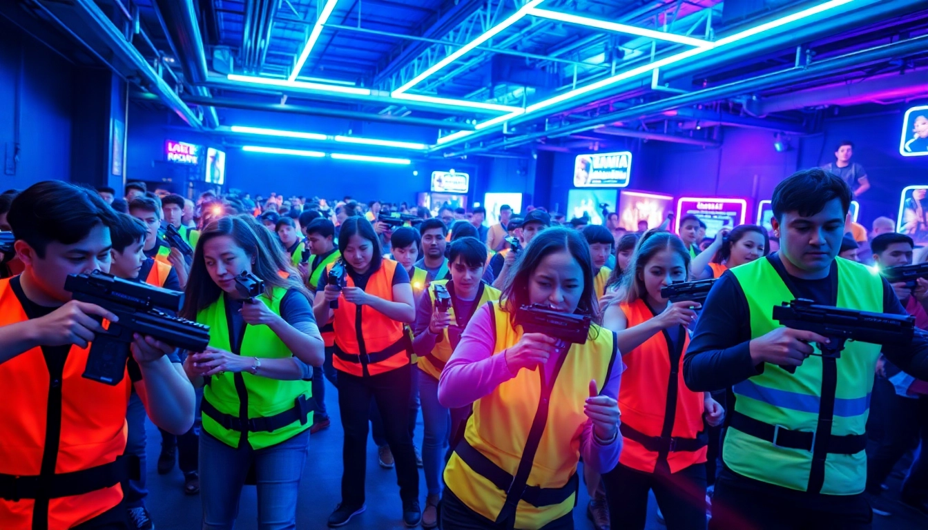 Engaged players in a vibrant laser tag arena, showcasing excitement and teamwork.