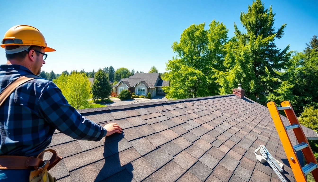 Engaging roofing replacement Portland Oregon service with a professional contractor installing shingles.