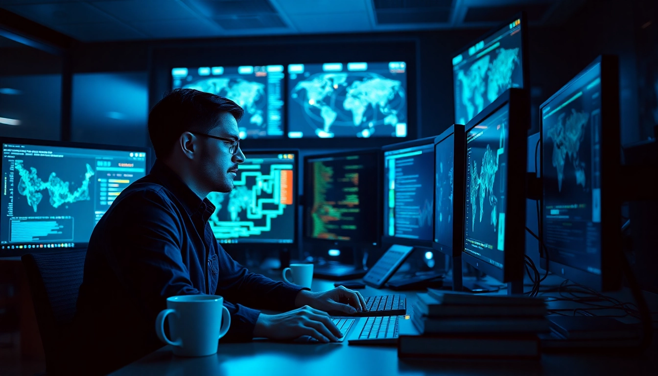 Enhance your understanding of cyber security fredericksburg with a professional analyst at work, surrounded by multiple screens.