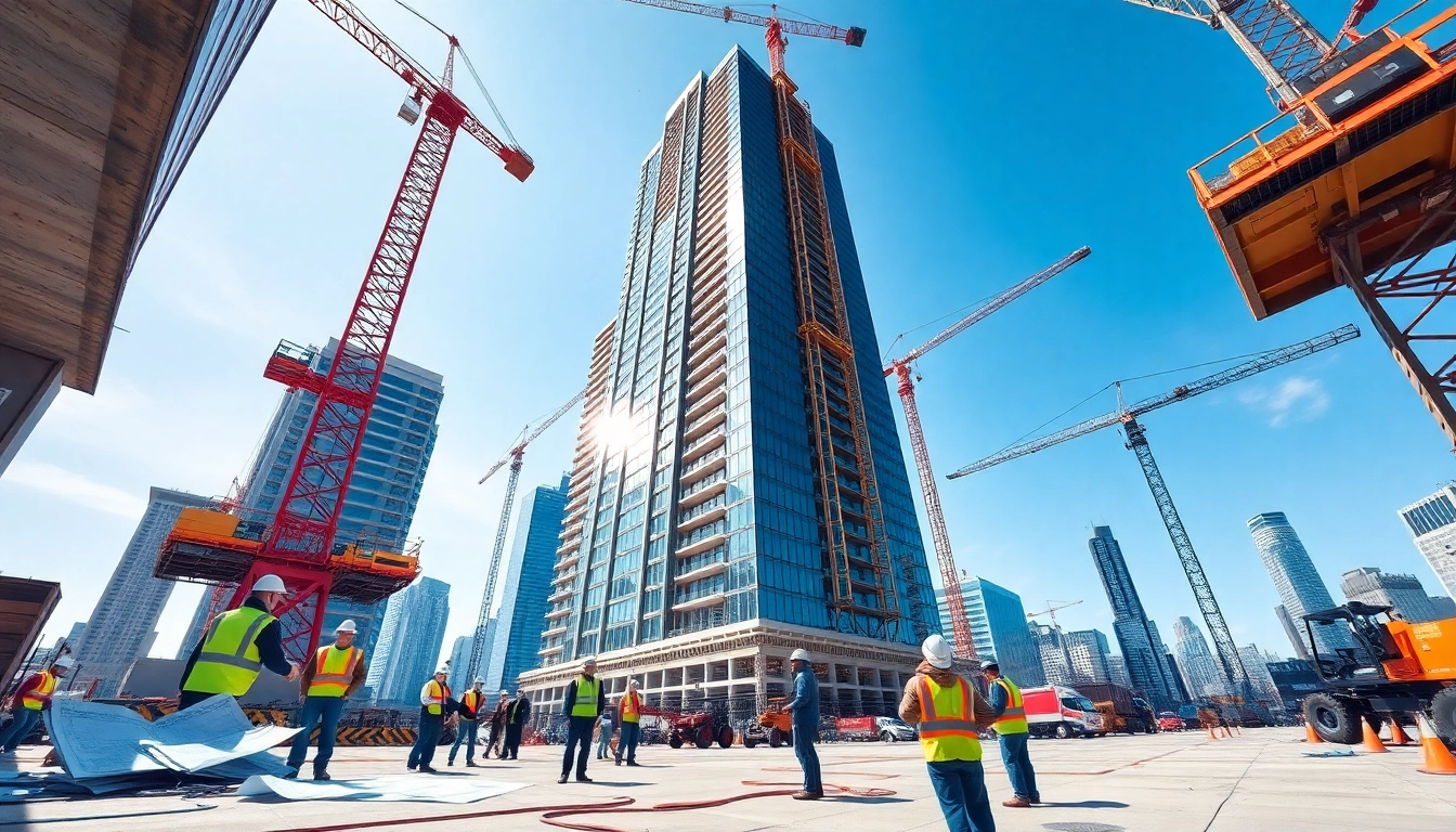 Showcase of Manhattan Commercial General Contractor site featuring workers and cranes on a sunny day.