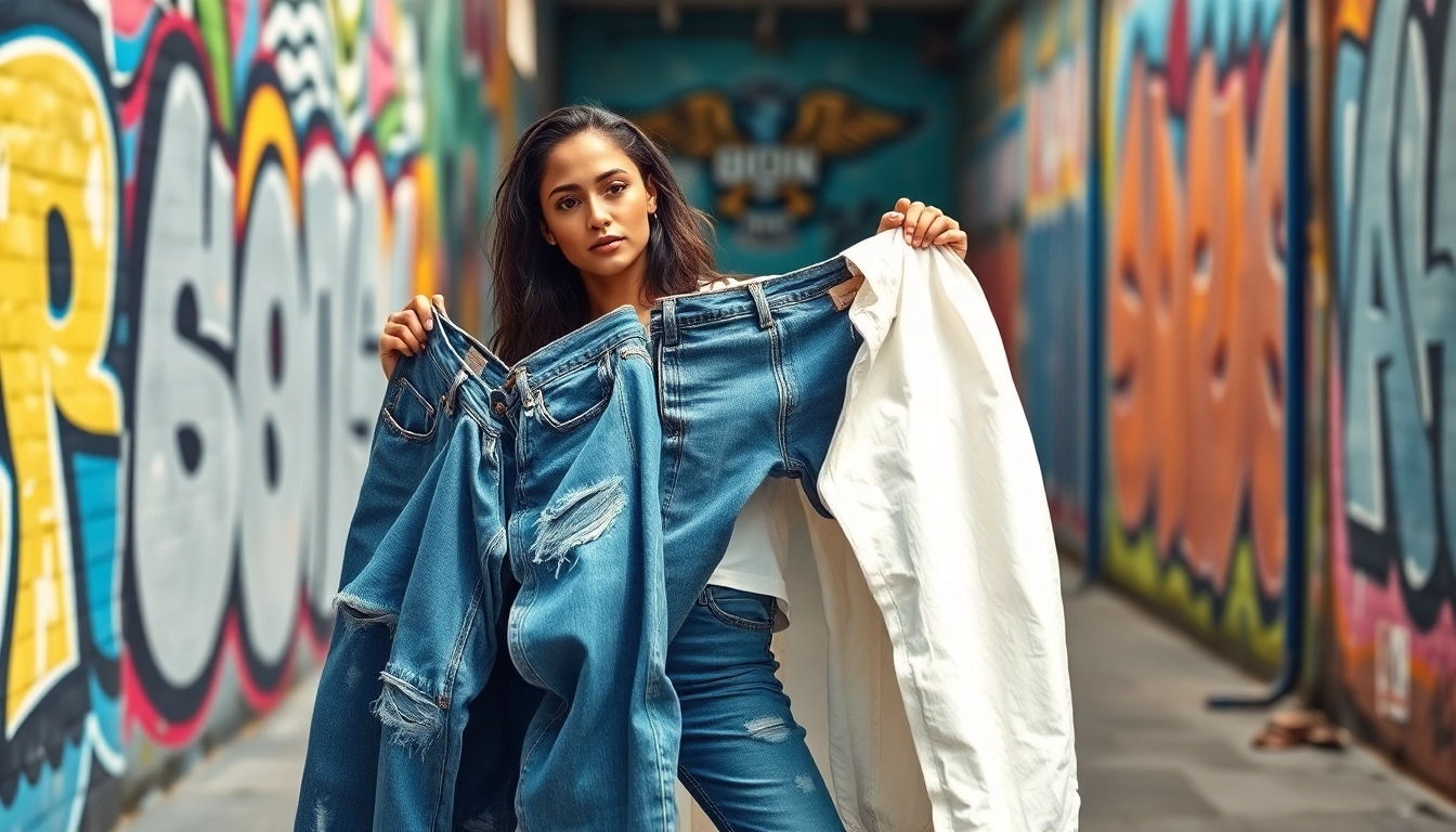 Showcasing stylish denim options from wholesale jeans manufacturers in an urban artistic setting.