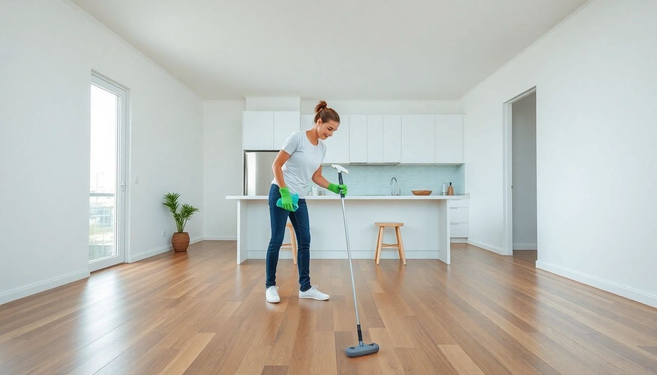 Bond cleaning Brisbane service showing a professional cleaner in an immaculate apartment.