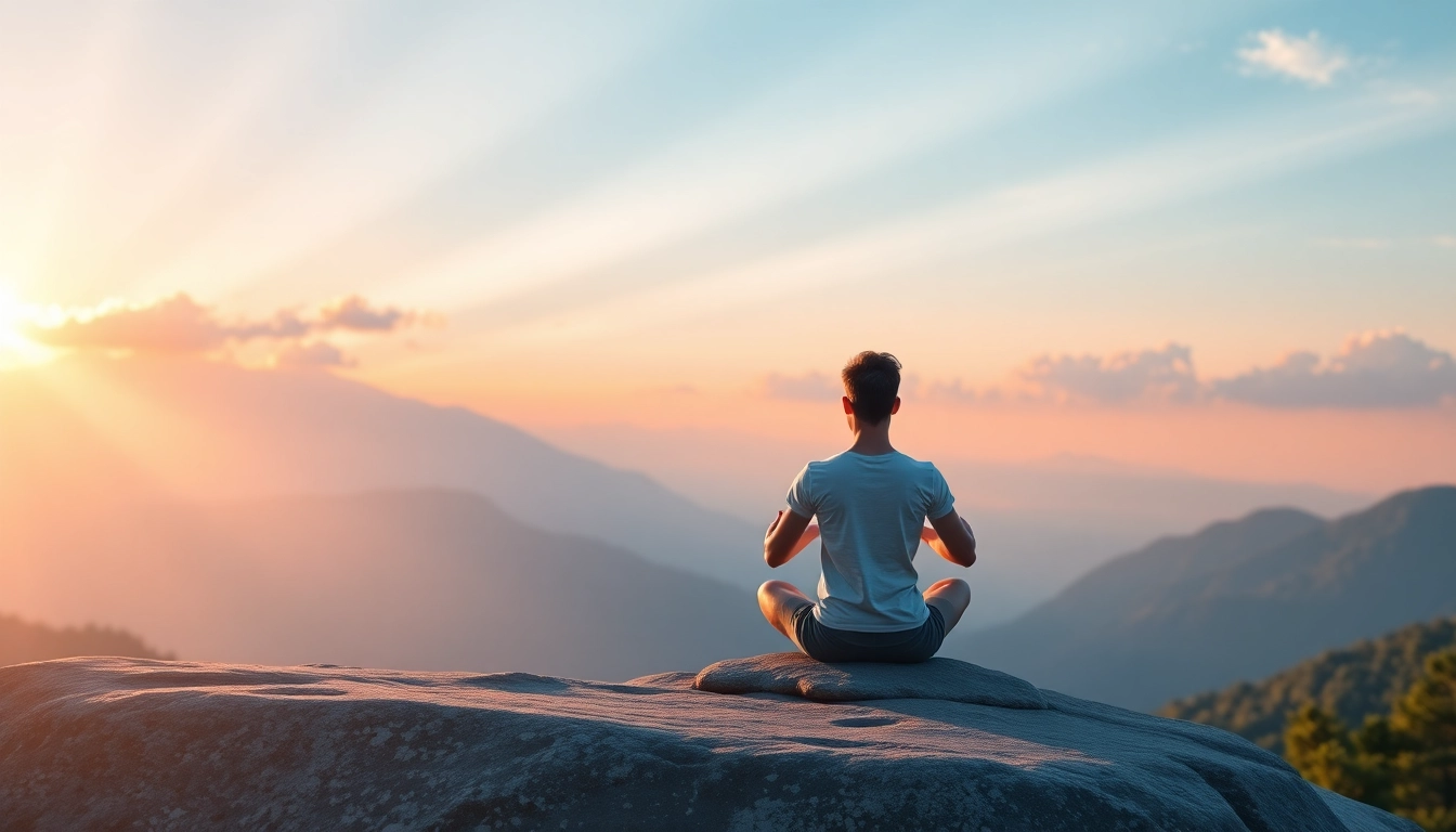 Meditating individual on a mountain at sunrise symbolizes overcoming depression