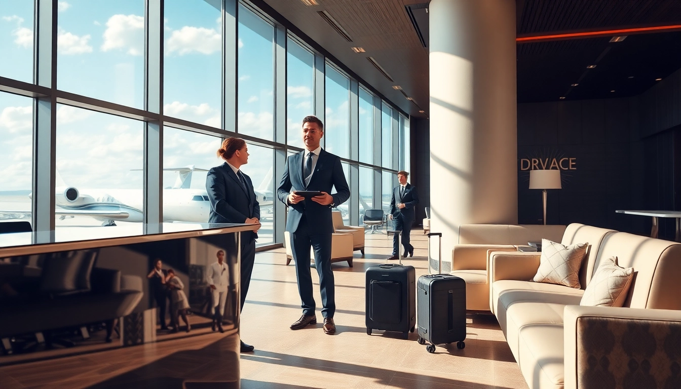 A private aviation concierge providing personalized services in a luxury airport lounge atmosphere.