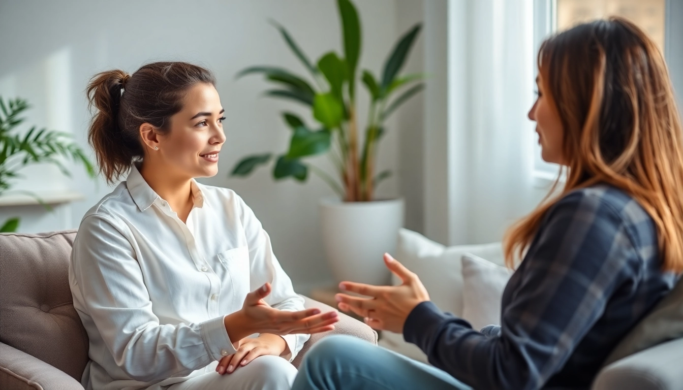 Therapist engaging with a client on dealing with anxiety in a calming office environment.