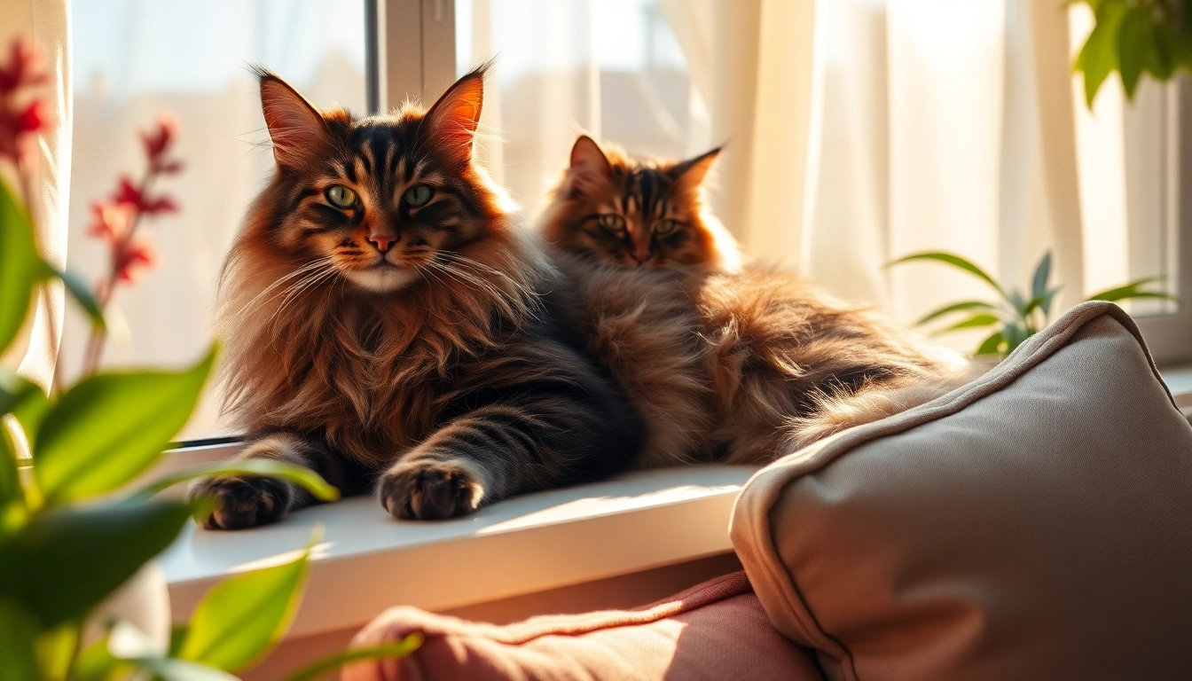 Maine Coon cats for sale Sacramento resting elegantly in a sunlit home environment.